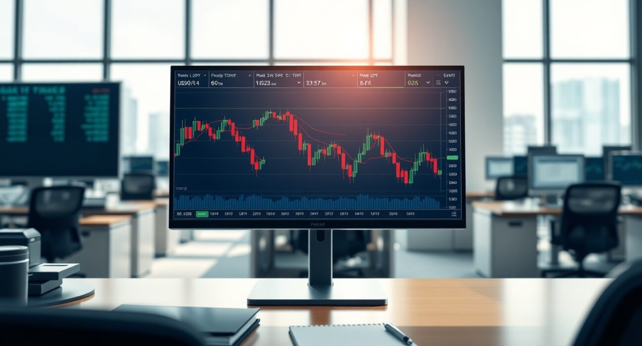 USD/JPY currency pair chart showing downward trend on trading desk monitor