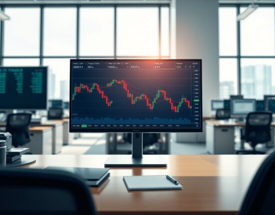 USD/JPY currency pair chart showing downward trend on trading desk monitor