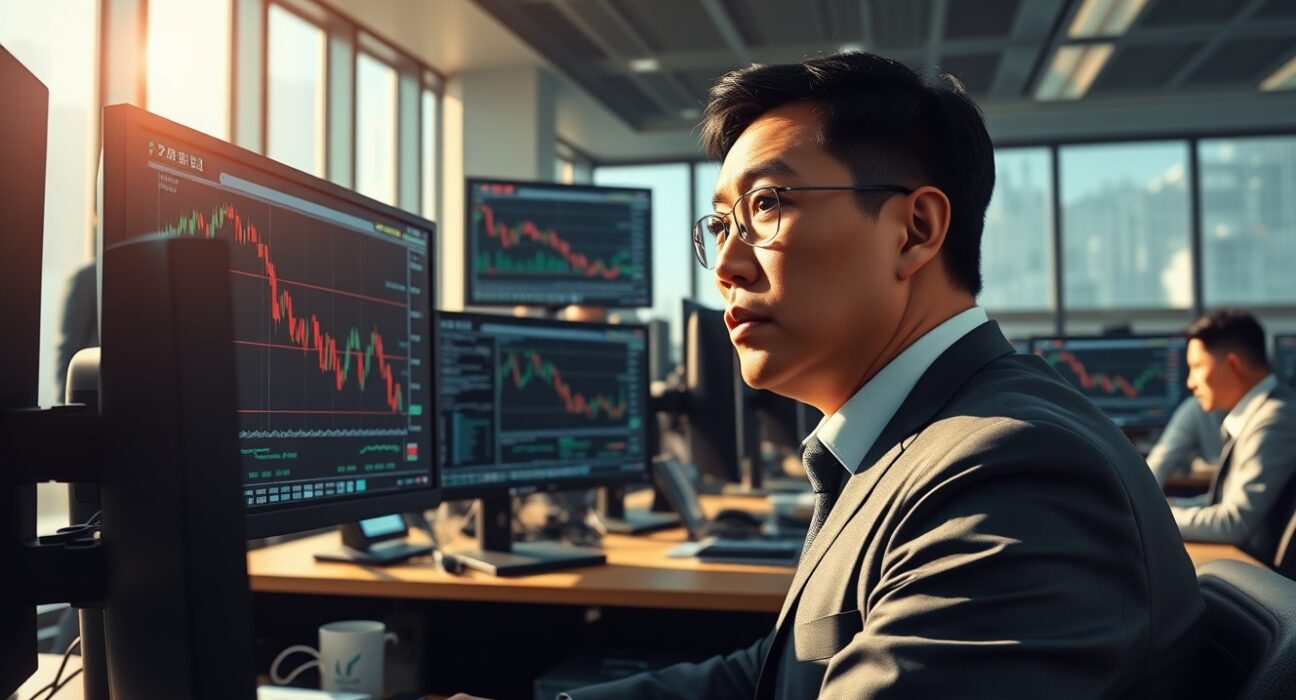 Financial analyst monitoring USD/JPY currency pair decline on trading desk during market volatility