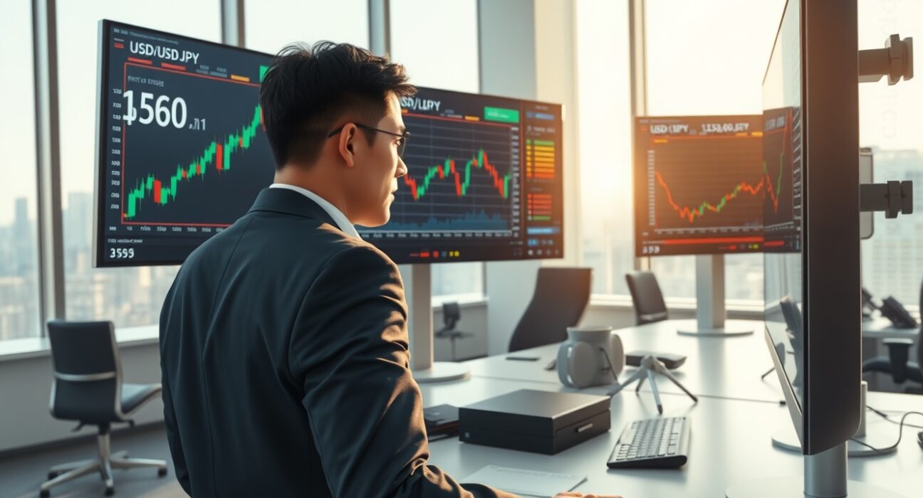 Financial analyst monitoring USD/JPY currency pair trading near 159.60 on Tokyo trading desk