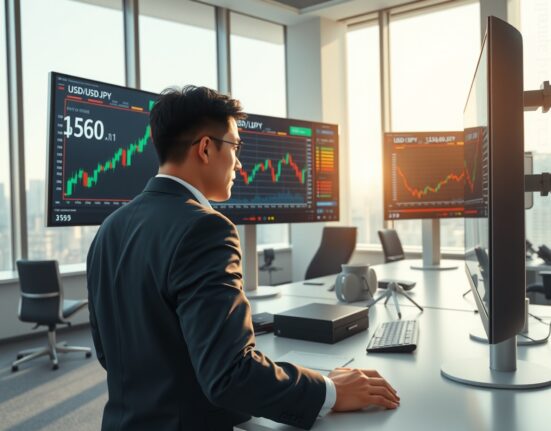 Financial analyst monitoring USD/JPY currency pair trading near 159.60 on Tokyo trading desk