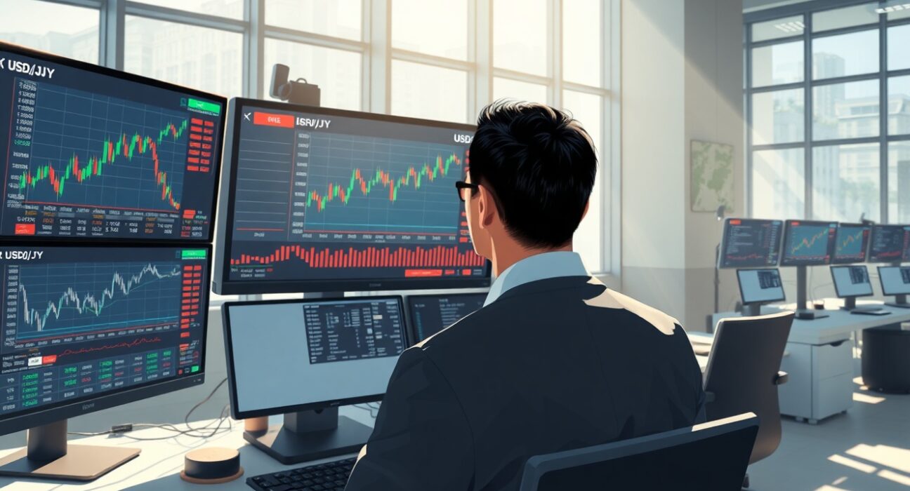 Trader monitoring USD/JPY currency charts ahead of Federal Reserve inflation decision