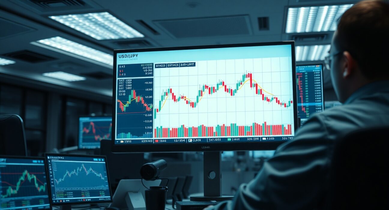 Forex trading desk monitors showing USD/JPY chart with flat price action near 159.00 level