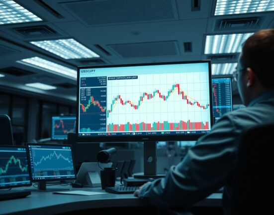 Forex trading desk monitors showing USD/JPY chart with flat price action near 159.00 level