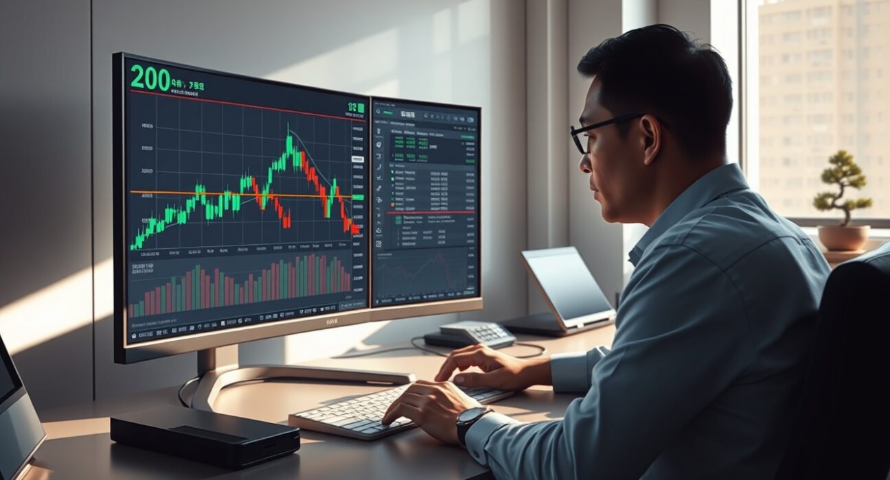 Trader in Tokyo analyzes USD/JPY chart with 200-period moving average for critical market forecast.