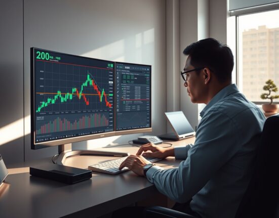 Trader in Tokyo analyzes USD/JPY chart with 200-period moving average for critical market forecast.