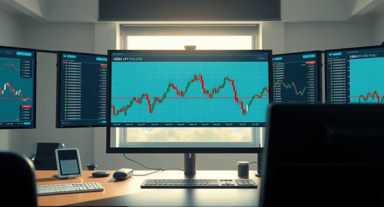 USD/JPY H4 chart analysis showing 200-period moving average support level on trading desk monitors