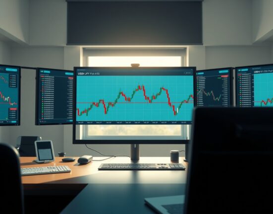 USD/JPY H4 chart analysis showing 200-period moving average support level on trading desk monitors