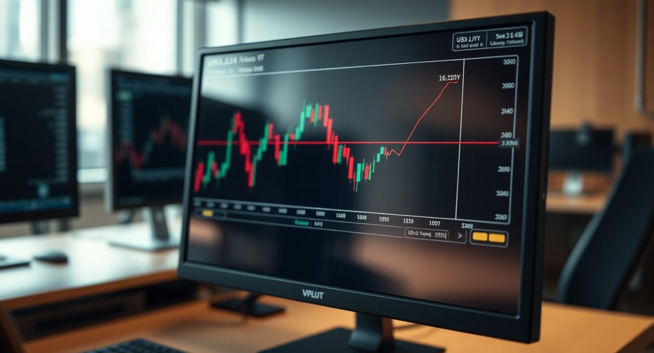 Forex trading screen showing USD/JPY chart near 161.50 level in a professional trading office