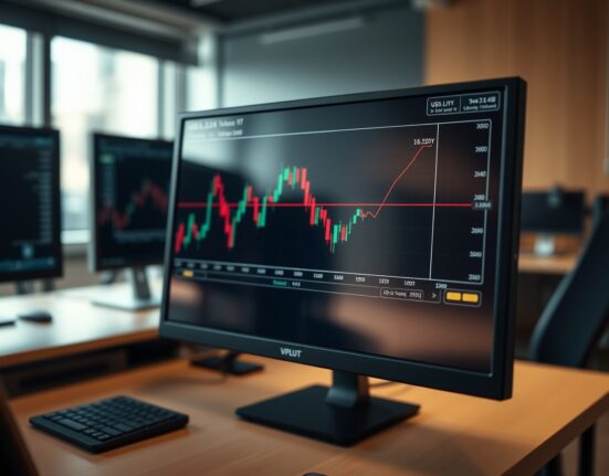 Forex trading screen showing USD/JPY chart near 161.50 level in a professional trading office