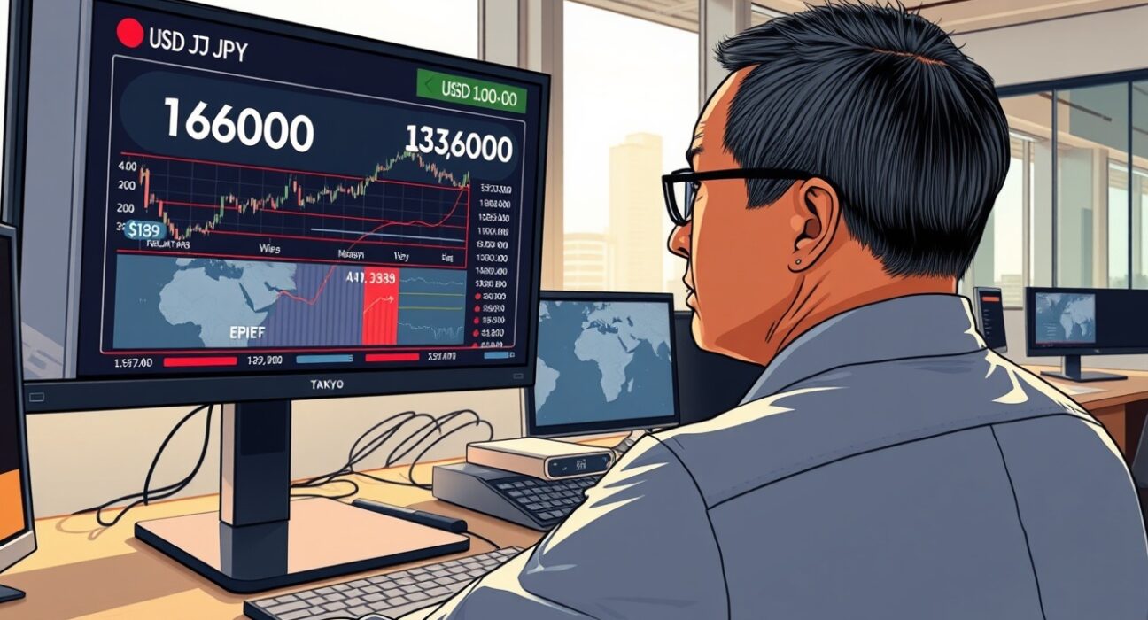 Trader in Tokyo analyzes USD/JPY chart approaching 160.00 amid Middle East conflict news.