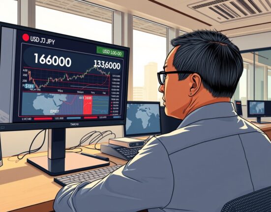 Trader in Tokyo analyzes USD/JPY chart approaching 160.00 amid Middle East conflict news.