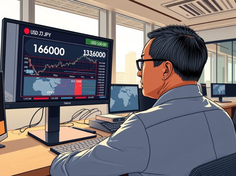 Trader in Tokyo analyzes USD/JPY chart approaching 160.00 amid Middle East conflict news.