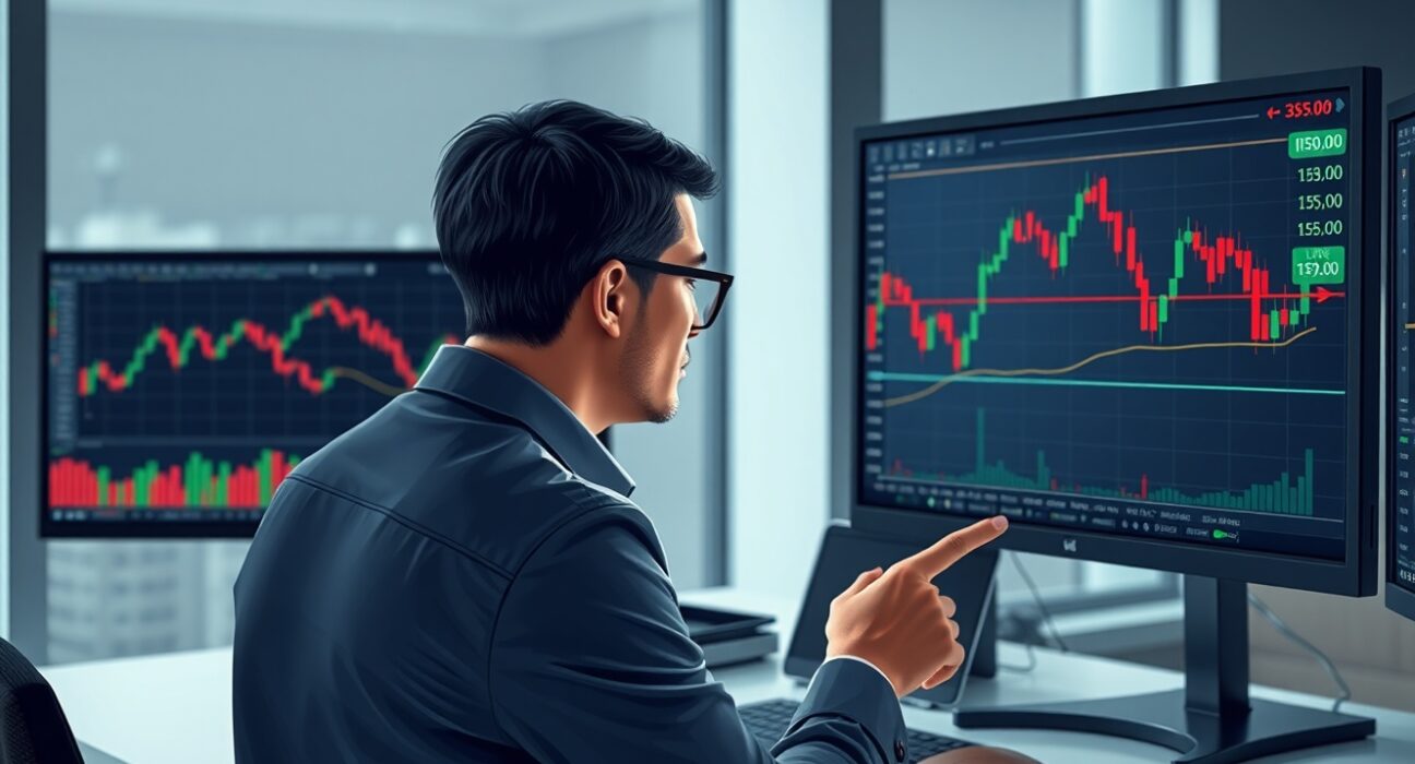 Financial analyst analyzing USD/JPY forex charts showing bearish pressure at key technical levels