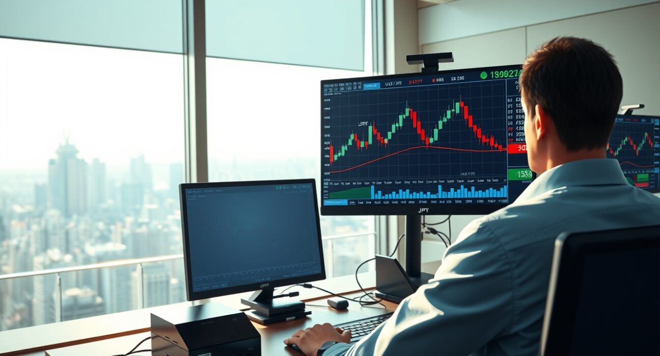 Professional forex trading terminal displaying USD/JPY price chart bouncing from support level in Tokyo financial district