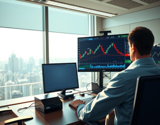 Professional forex trading terminal displaying USD/JPY price chart bouncing from support level in Tokyo financial district