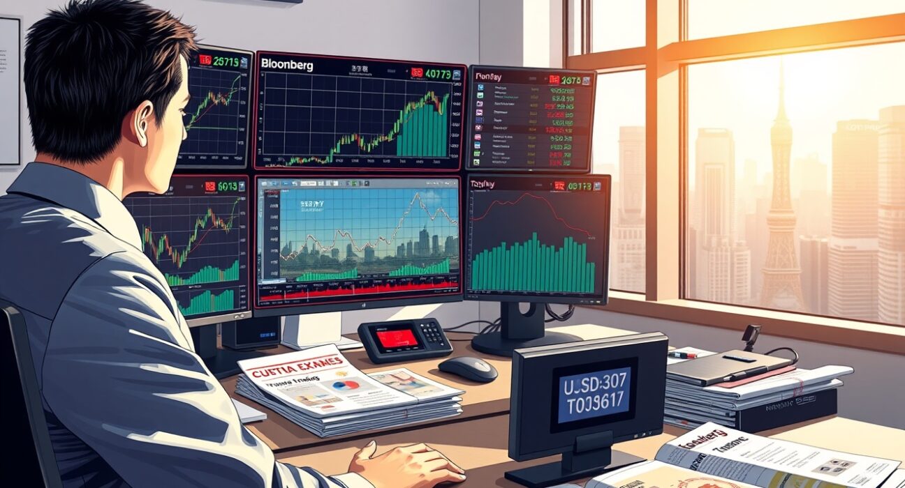 Professional forex trading desk analyzing USD/JPY price forecast and technical charts in Tokyo