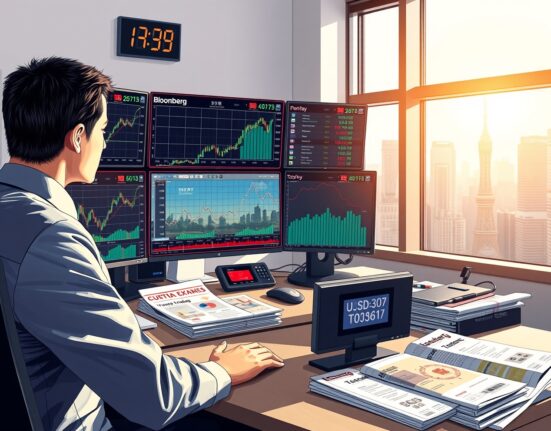 Professional forex trading desk analyzing USD/JPY price forecast and technical charts in Tokyo