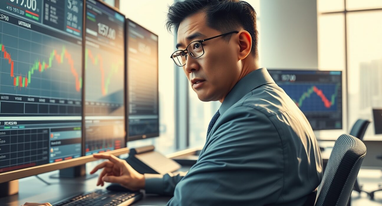 Forex trader in Tokyo analyzes USD/JPY price chart showing the 157.00 level.