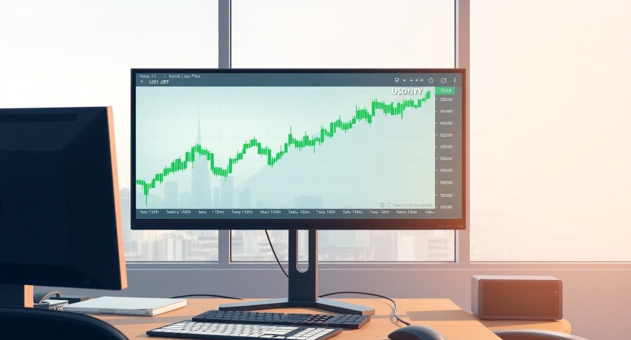 USD/JPY forex trading analysis showing currency pair charts with upward trend on Tokyo trading desk