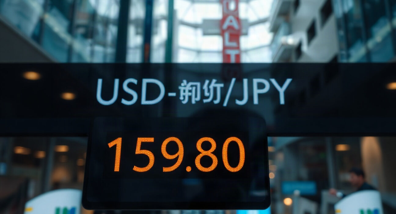 USD/JPY exchange rate display approaching 160.00 in a trading environment