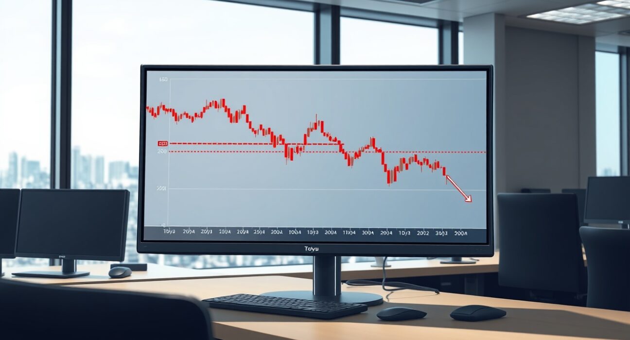 USD/JPY price chart analysis showing correction below the 20-day EMA on a Tokyo trading desk.