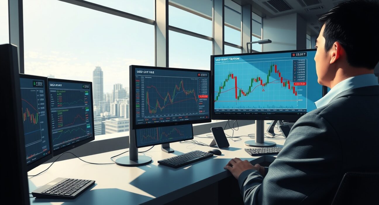 Trader analyzing USD/JPY forex chart showing 20-day EMA support amid Middle East tension headlines