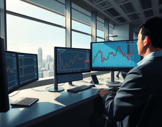 Trader analyzing USD/JPY forex chart showing 20-day EMA support amid Middle East tension headlines