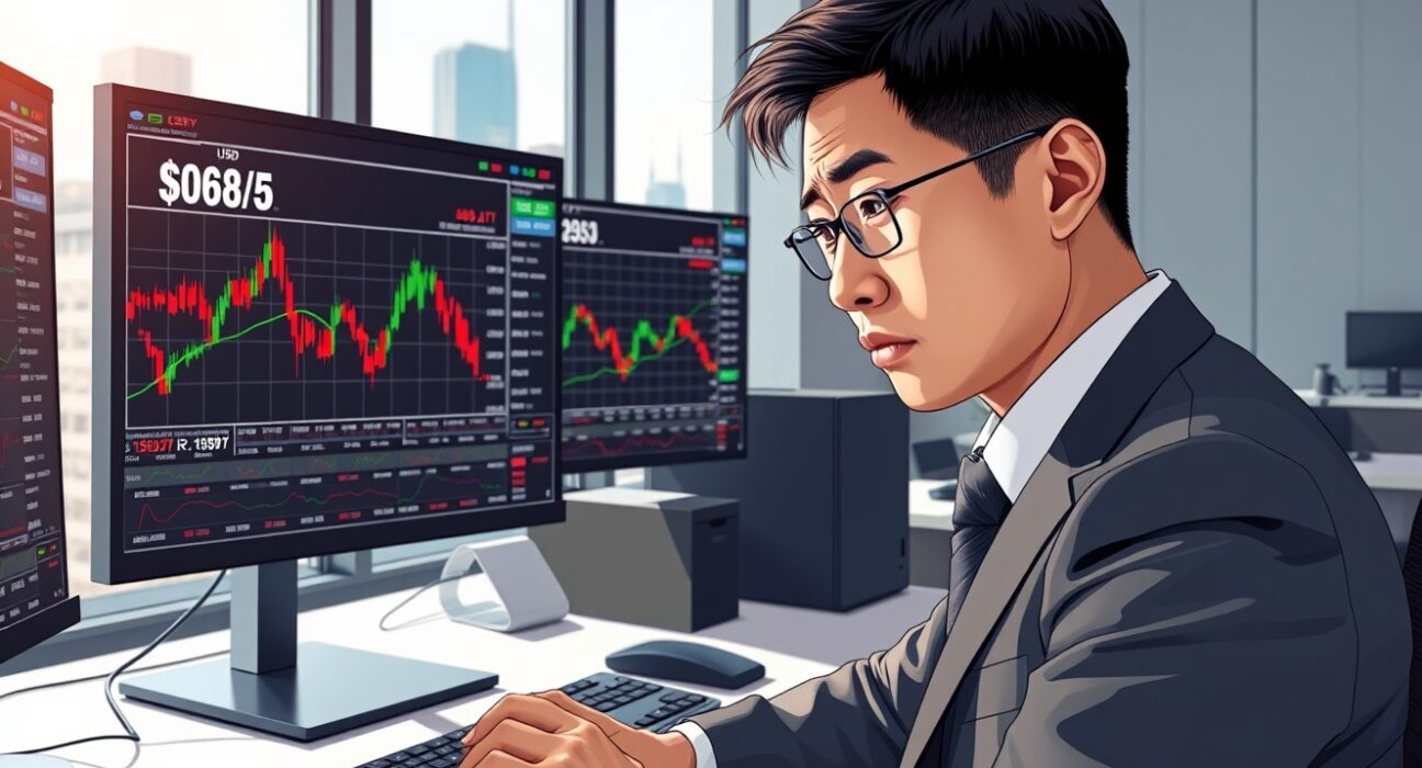 Professional forex analyst monitoring USD/JPY currency pair trading below 160.00 amid intervention concerns.