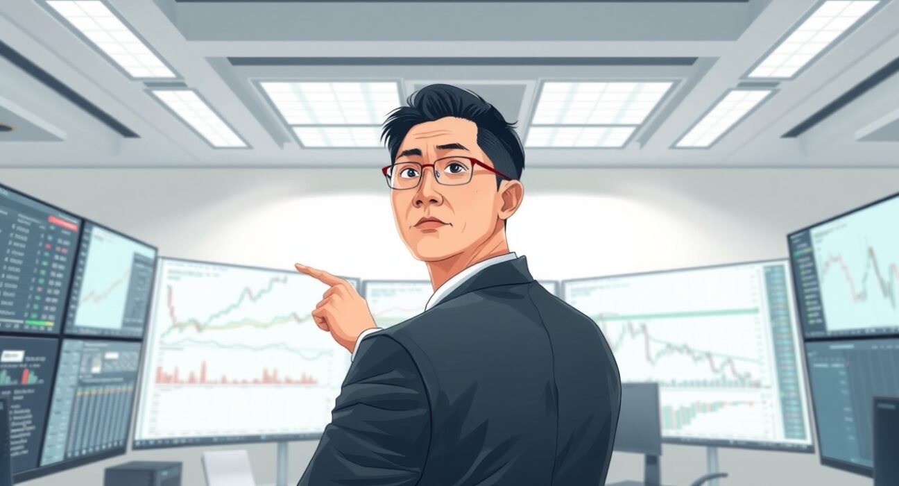 Financial analyst reviewing USD/JPY currency forecast charts at Standard Chartered