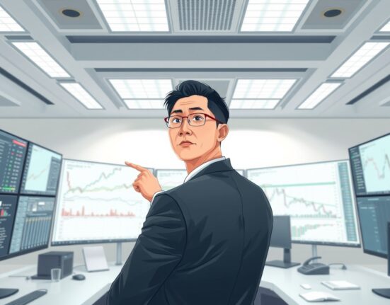Financial analyst reviewing USD/JPY currency forecast charts at Standard Chartered
