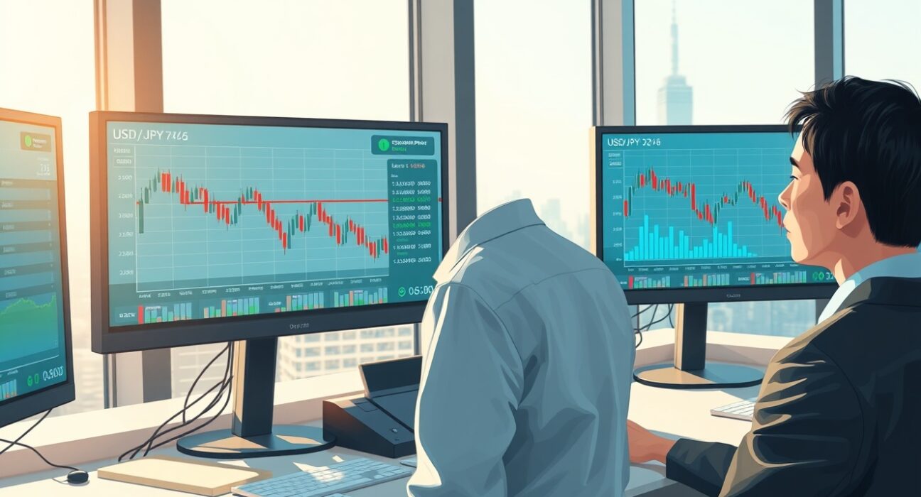 Professional trading desk analyzing USD/JPY currency pair technical charts and market data