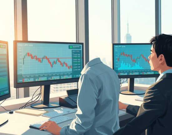Professional trading desk analyzing USD/JPY currency pair technical charts and market data