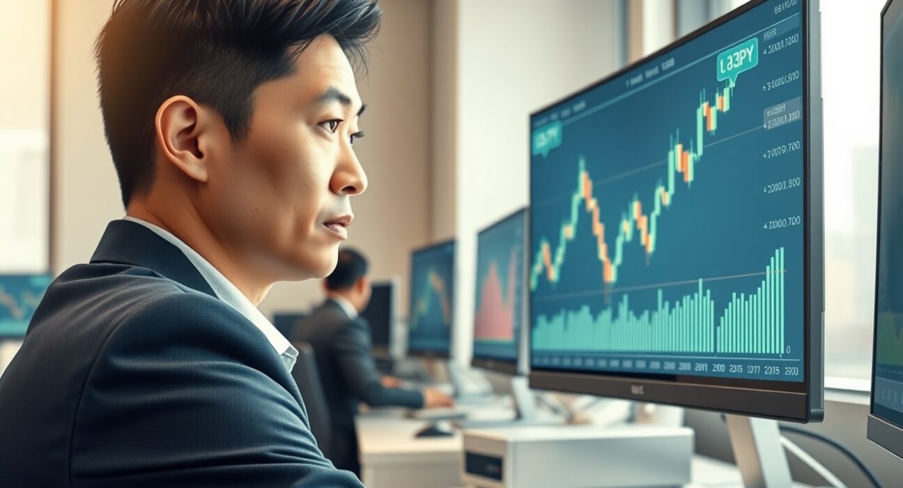 Forex trader in Tokyo analyzes USD/JPY chart showing a bullish rebound on trading monitor.