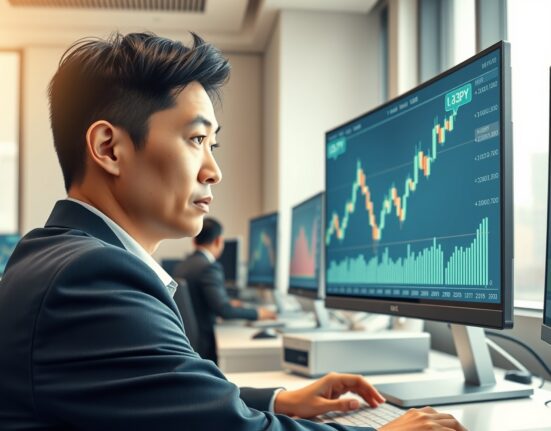 Forex trader in Tokyo analyzes USD/JPY chart showing a bullish rebound on trading monitor.