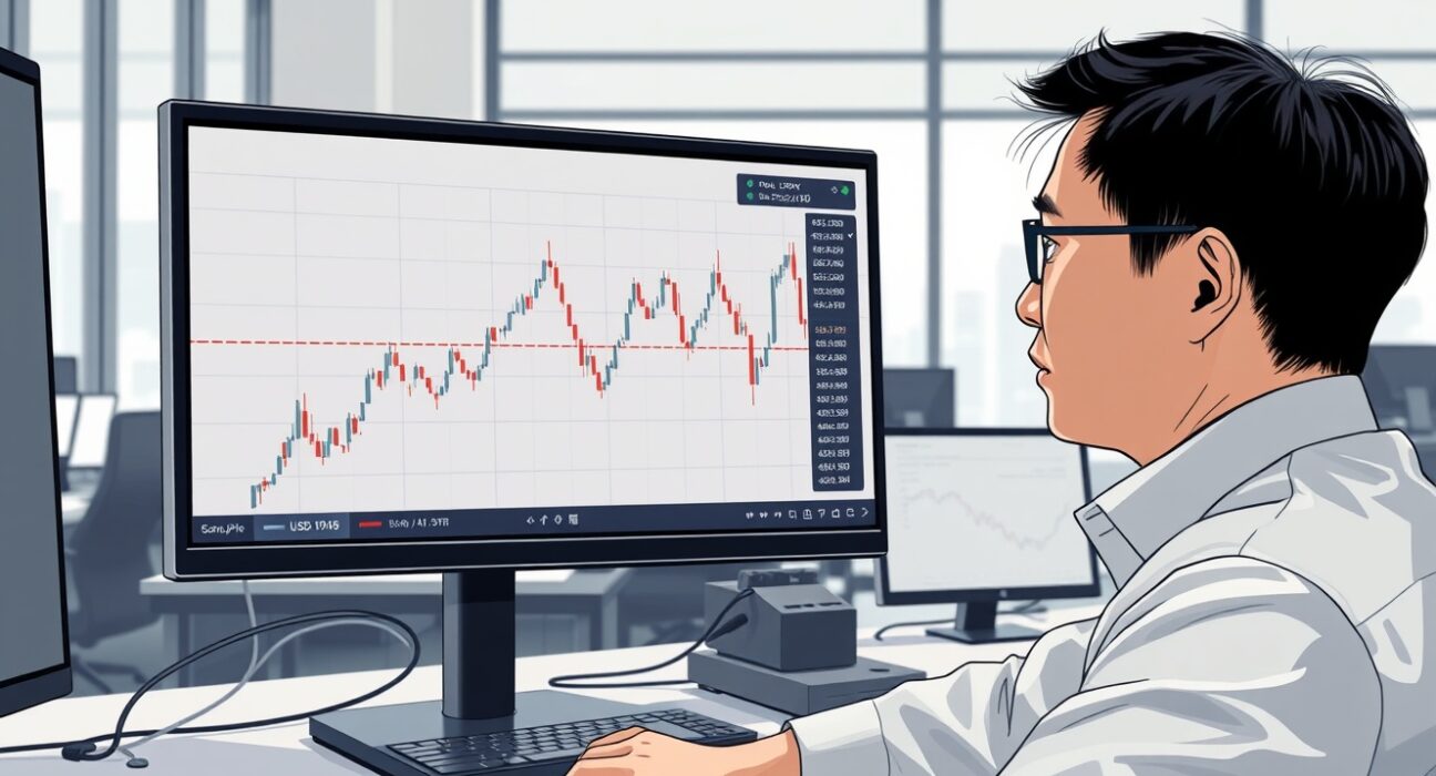 Forex trader in Tokyo analyzes USD/JPY chart showing price stalling at resistance.