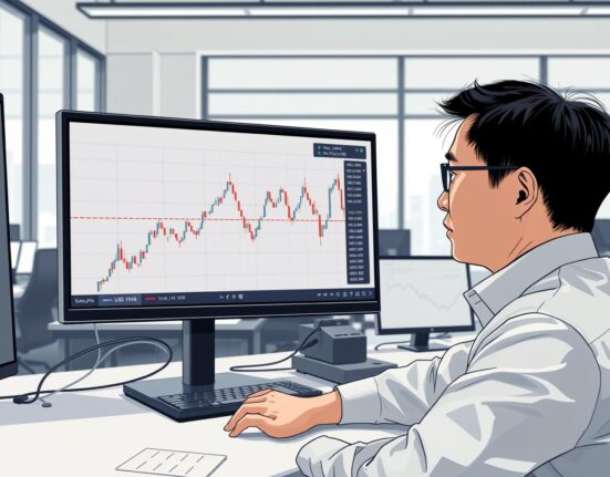 Forex trader in Tokyo analyzes USD/JPY chart showing price stalling at resistance.