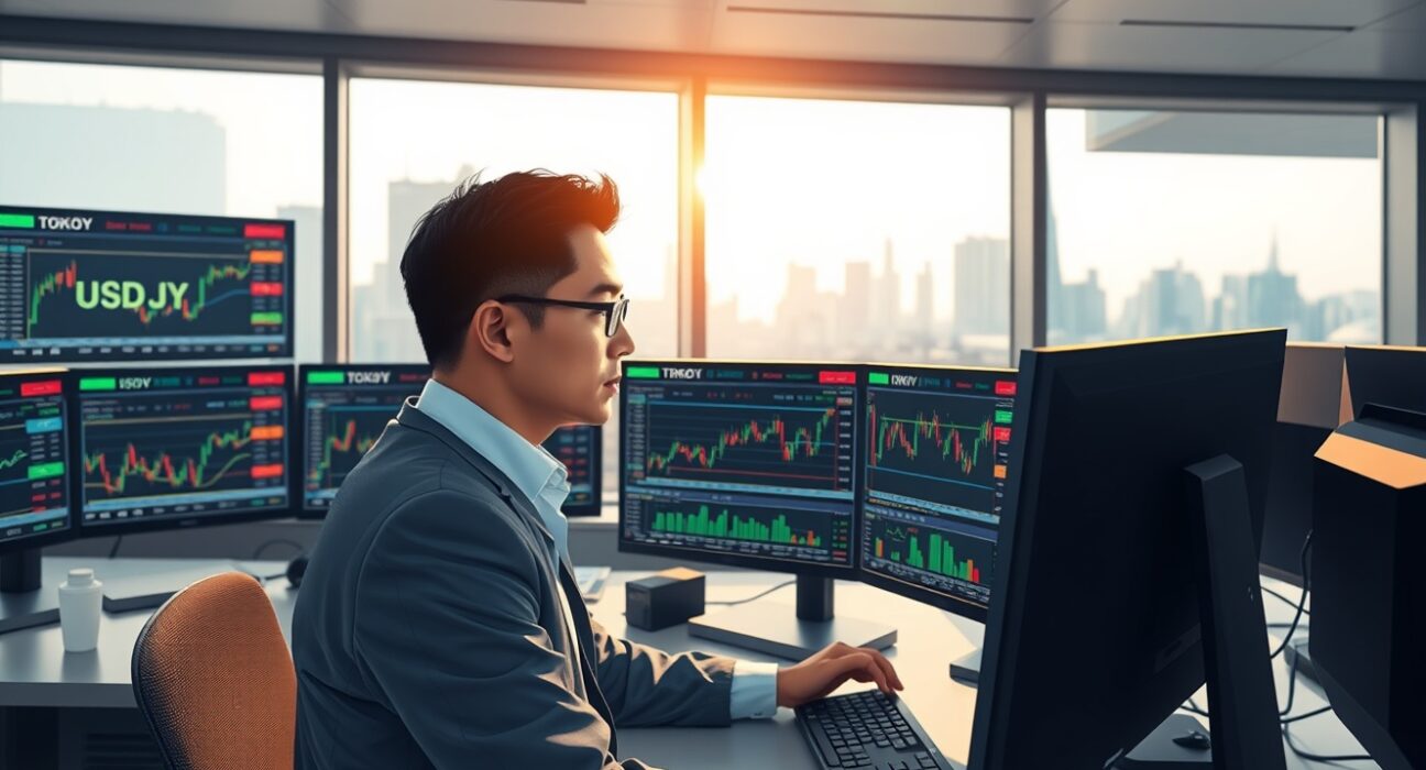 Financial analyst in Tokyo monitors USD/JPY exchange rate charts showing resistance below 159.00