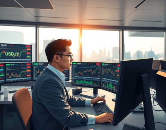 Financial analyst in Tokyo monitors USD/JPY exchange rate charts showing resistance below 159.00
