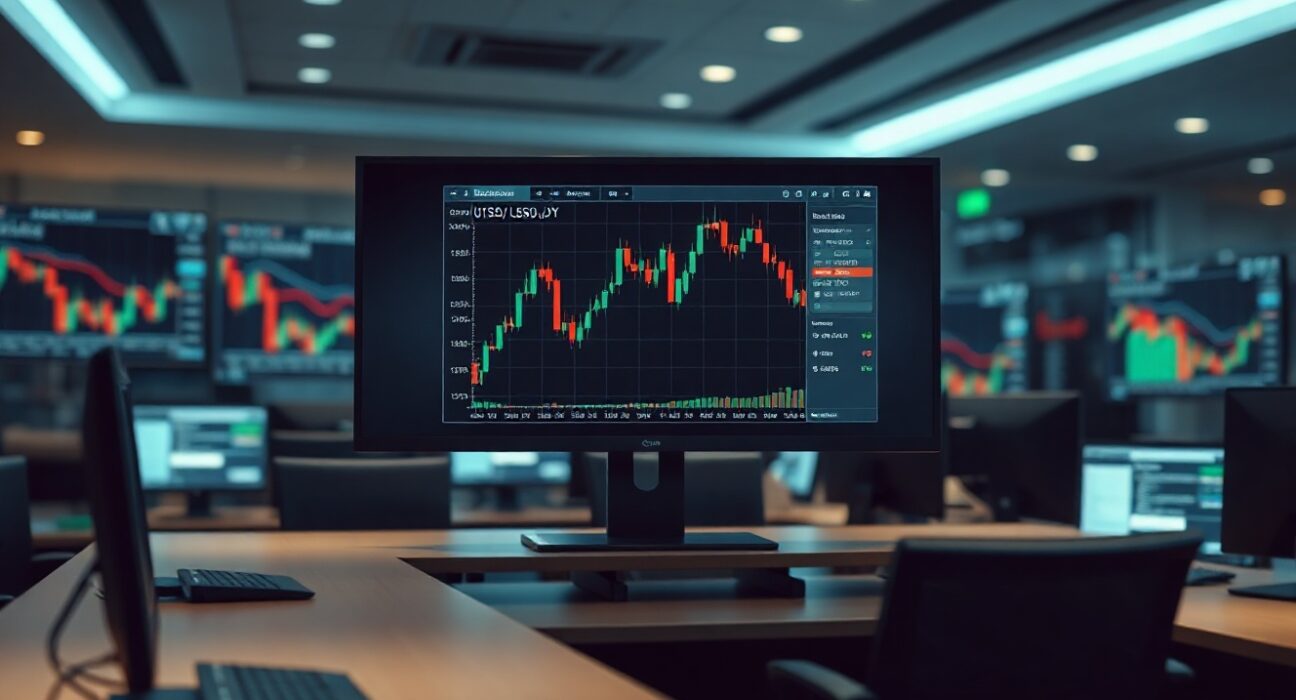 Trading monitor displaying USD/JPY price chart approaching the 160.00 level.