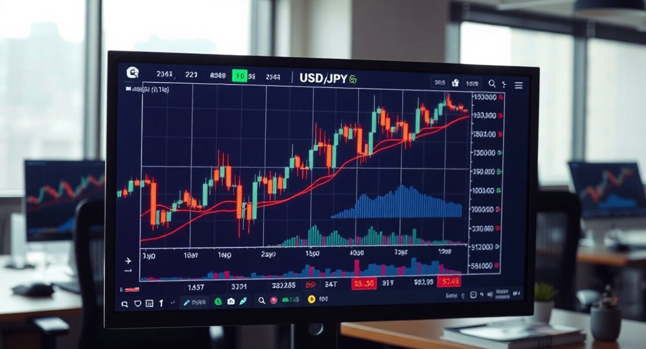 USD/JPY trading chart on a screen with Fibonacci retracement levels