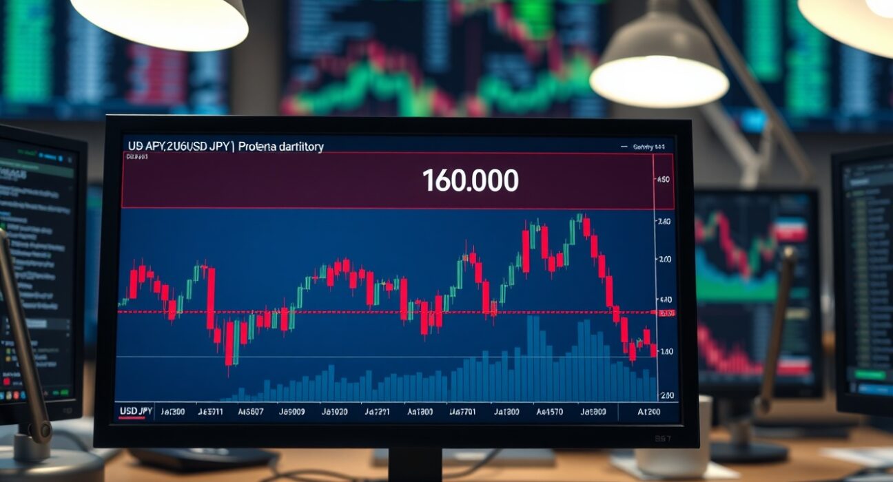 USD/JPY forex chart approaching 160.00 resistance level on a trading screen