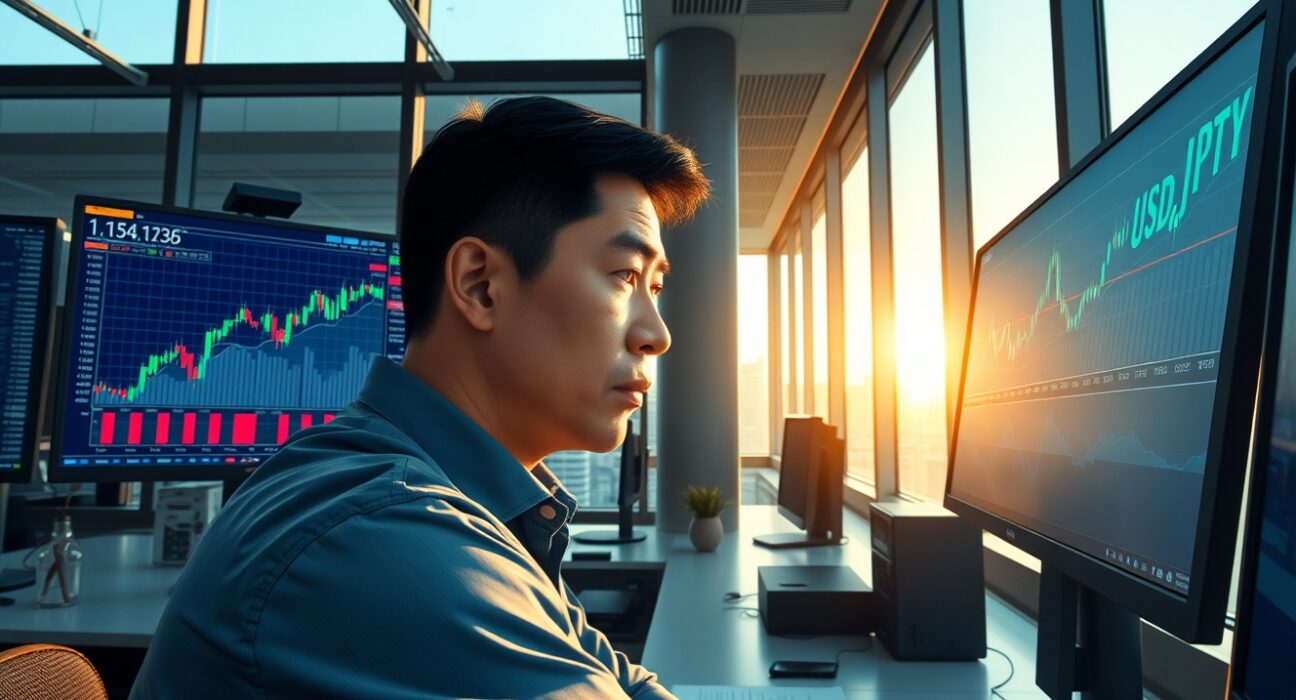 Professional trader analyzing USD/JPY symmetrical triangle breakdown on trading desk monitors in Tokyo financial district.