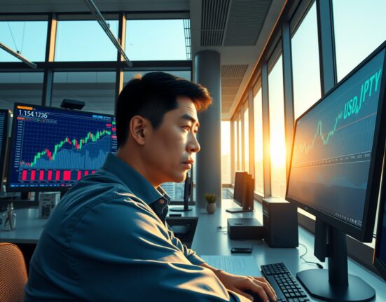 Professional trader analyzing USD/JPY symmetrical triangle breakdown on trading desk monitors in Tokyo financial district.