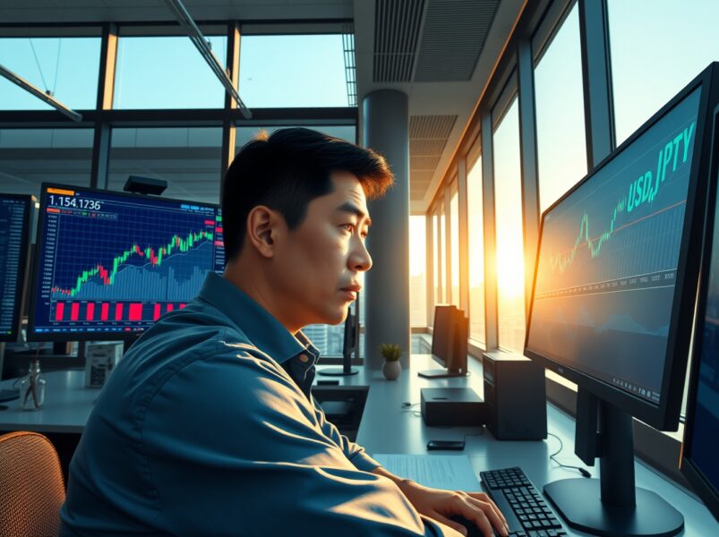 Professional trader analyzing USD/JPY symmetrical triangle breakdown on trading desk monitors in Tokyo financial district.