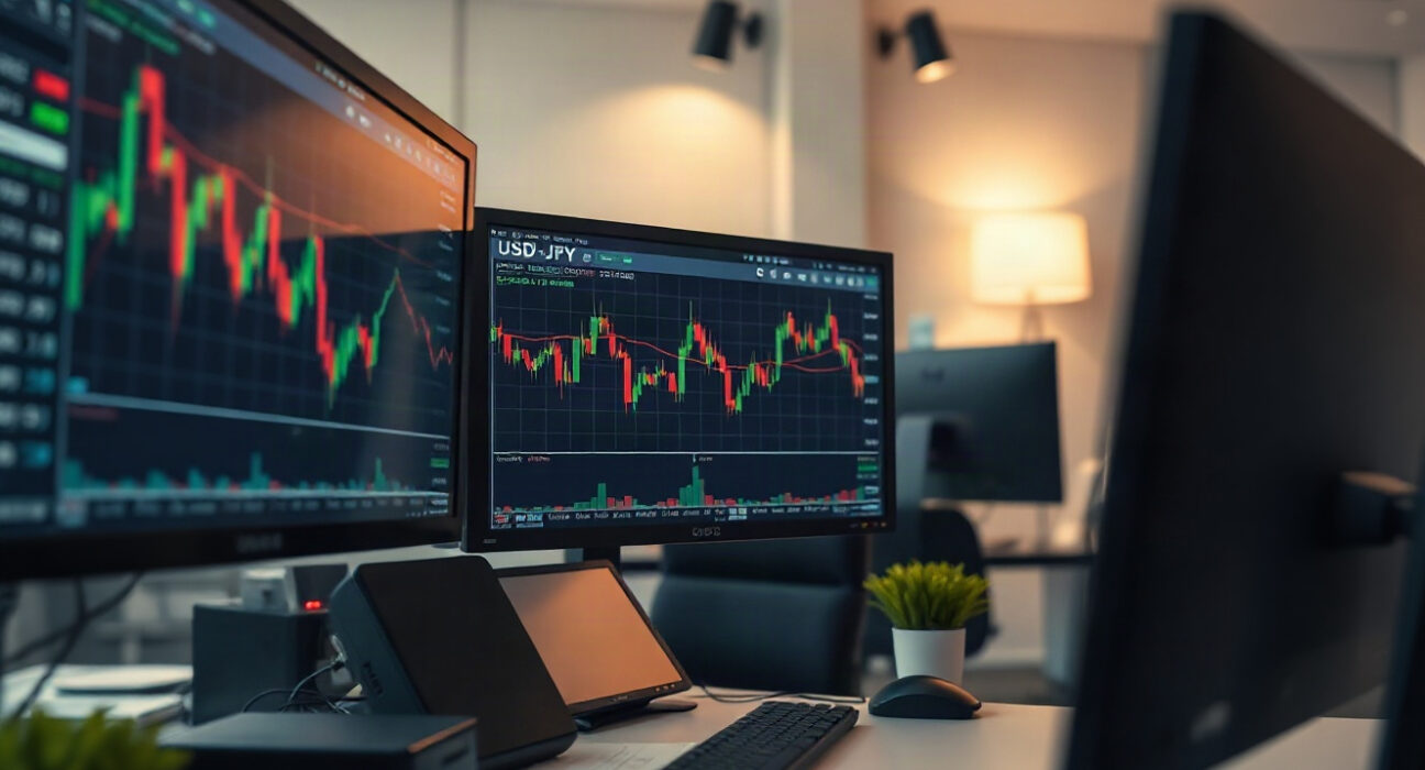 USD/JPY currency pair chart on a trading screen in a financial office