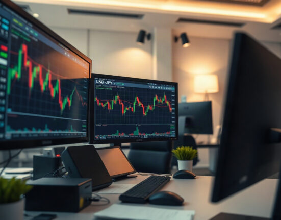 USD/JPY currency pair chart on a trading screen in a financial office