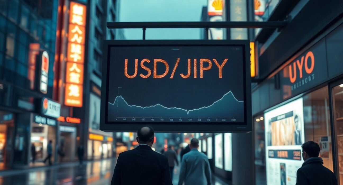 USD/JPY exchange rate displayed on a digital board in a financial district, reflecting yen weakness amid BoJ uncertainty.