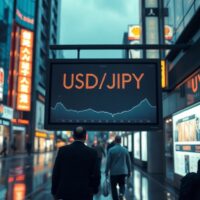 USD/JPY exchange rate displayed on a digital board in a financial district, reflecting yen weakness amid BoJ uncertainty.