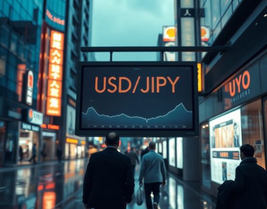 USD/JPY exchange rate displayed on a digital board in a financial district, reflecting yen weakness amid BoJ uncertainty.